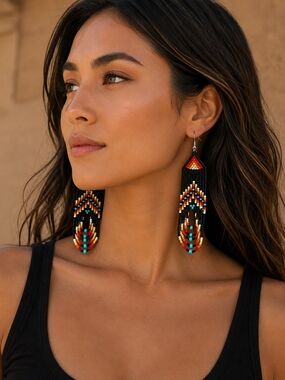 Handmade Beaded Fringe Earrings Indigenous Boho Western New